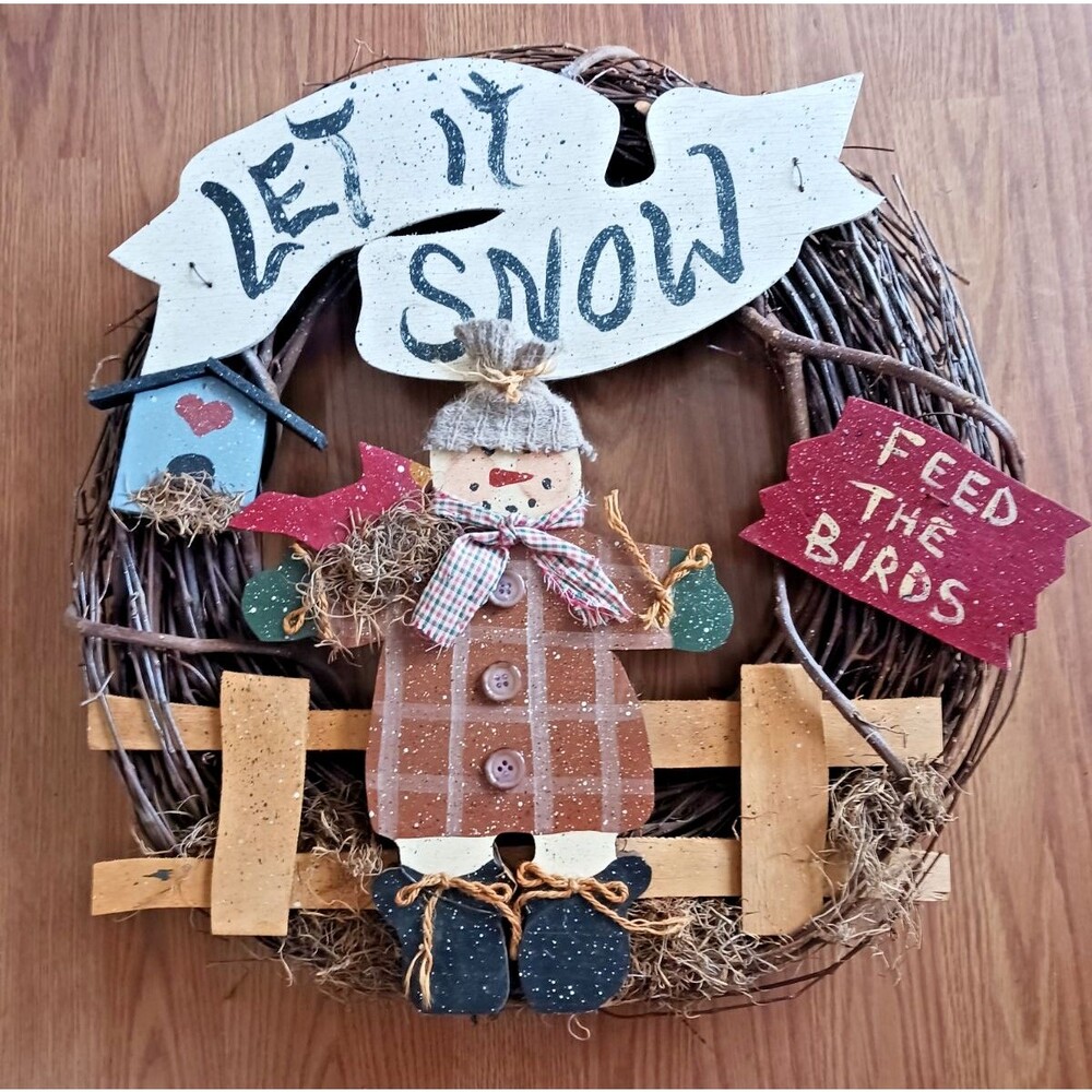 Vtg Hand Made Rustic Snowman Grapevine Wreath "Let It Snow” Birdhouse Red Bird